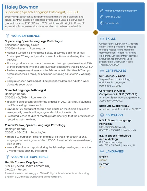 Supervising Speech Pathologist resume example