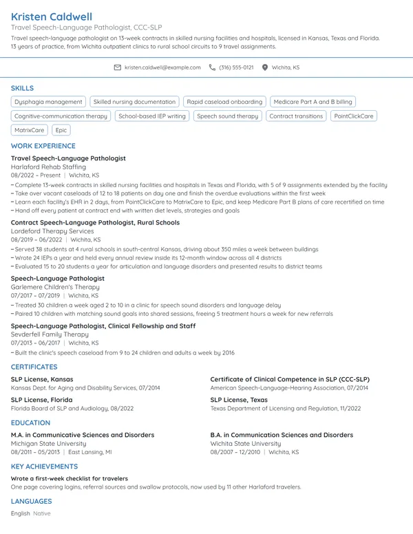 Travel Speech Pathologist resume example