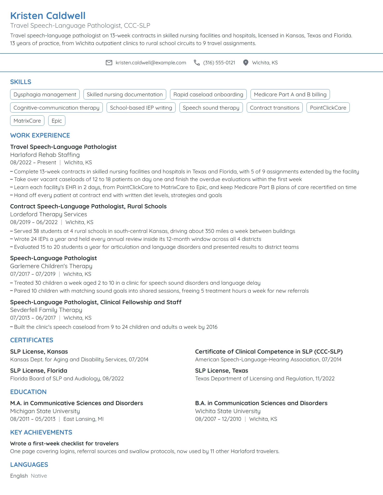 Travel Speech Pathologist resume example