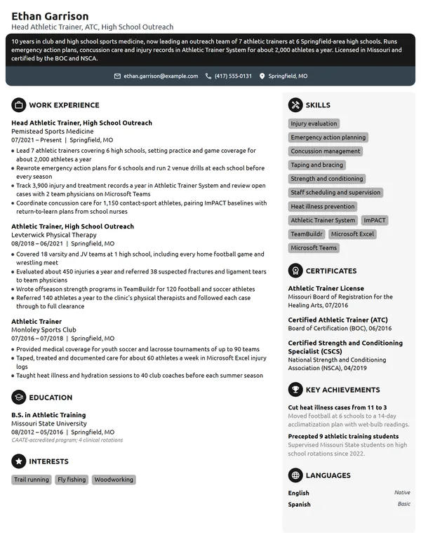Athletic Trainer resume example
