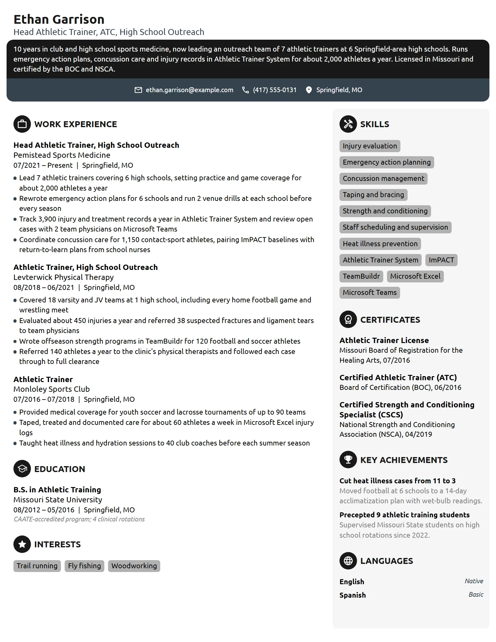 Athletic Trainer resume example