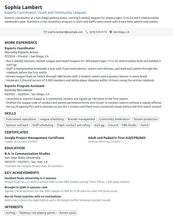 Esports Coordinator resume example