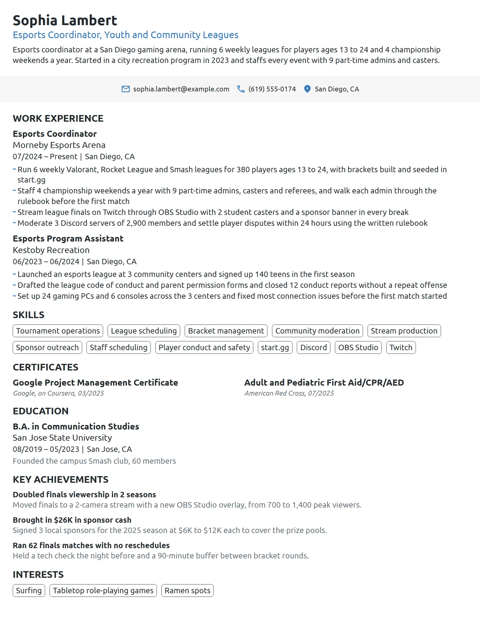 Esports Coordinator resume example