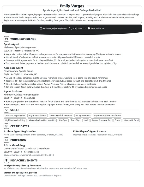 Sports Agent resume example