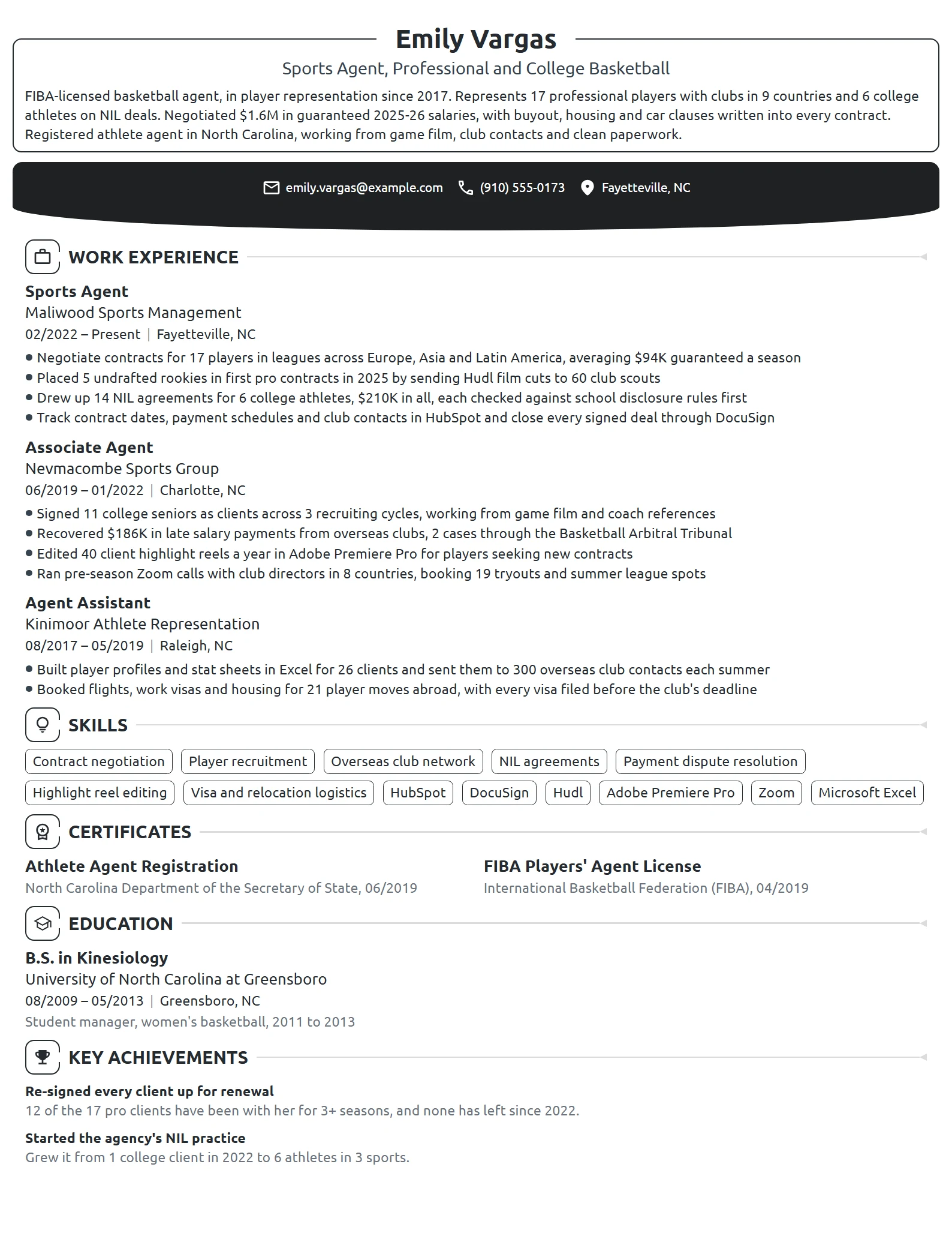 Sports Agent resume example