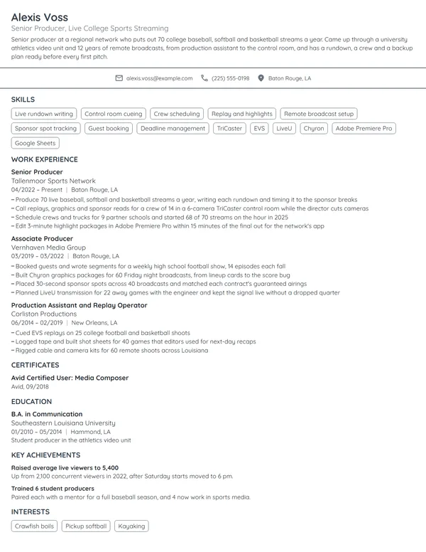 Sports Broadcast Producer resume example