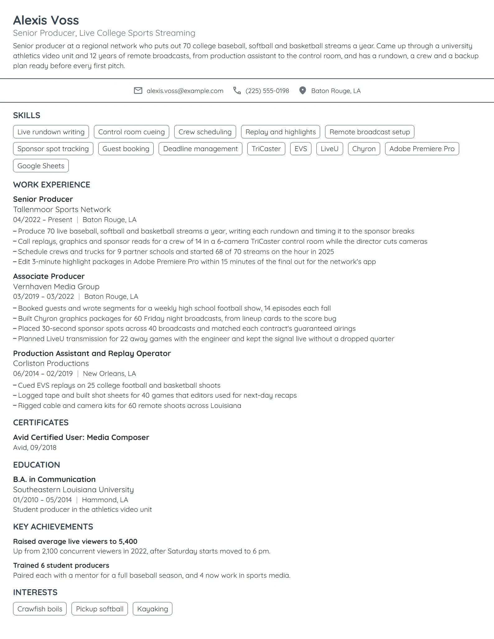 Sports Broadcast Producer resume example