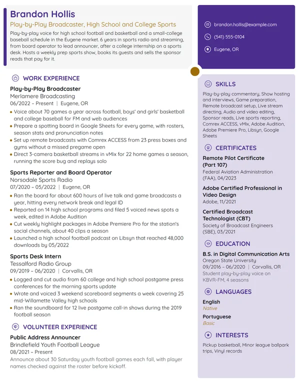 Sports Broadcaster resume example