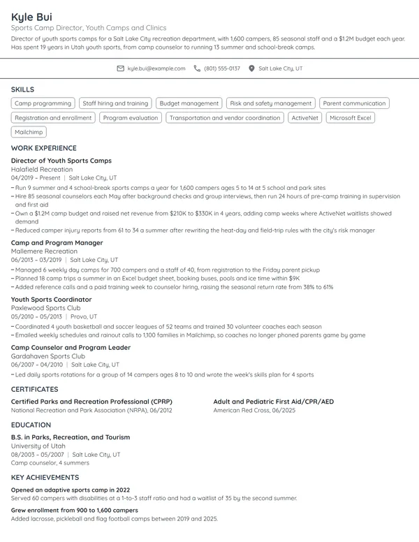 Sports Camp Director resume example