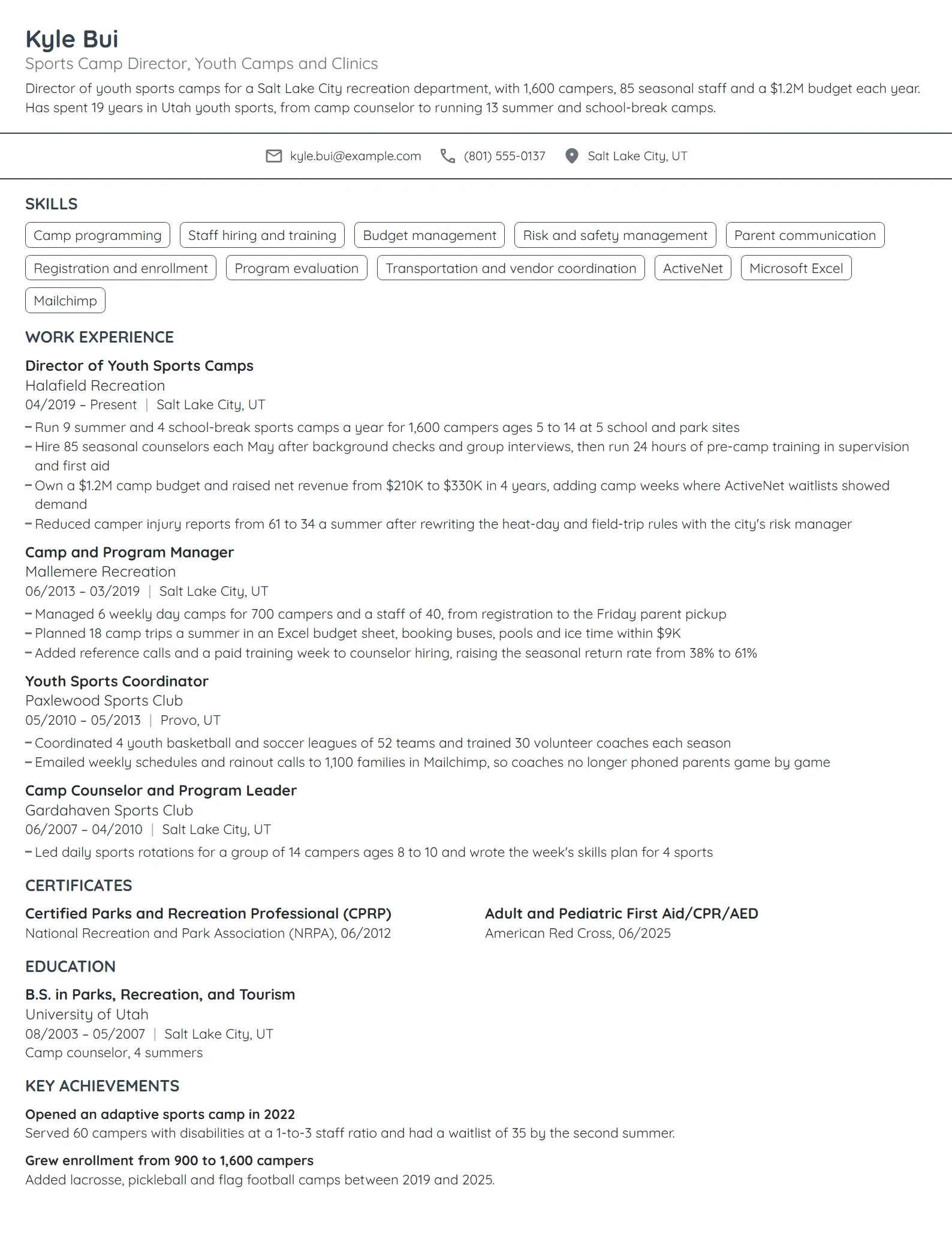 Sports Camp Director resume example