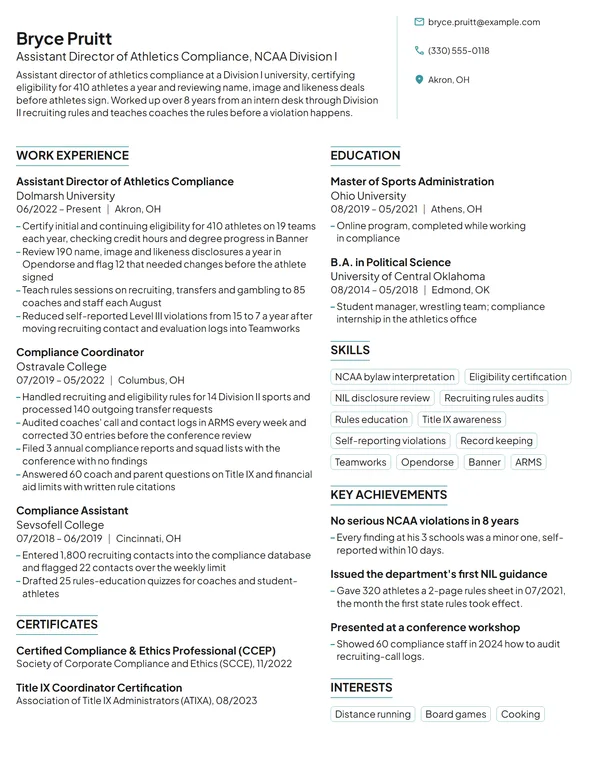 Sports Compliance Officer resume example