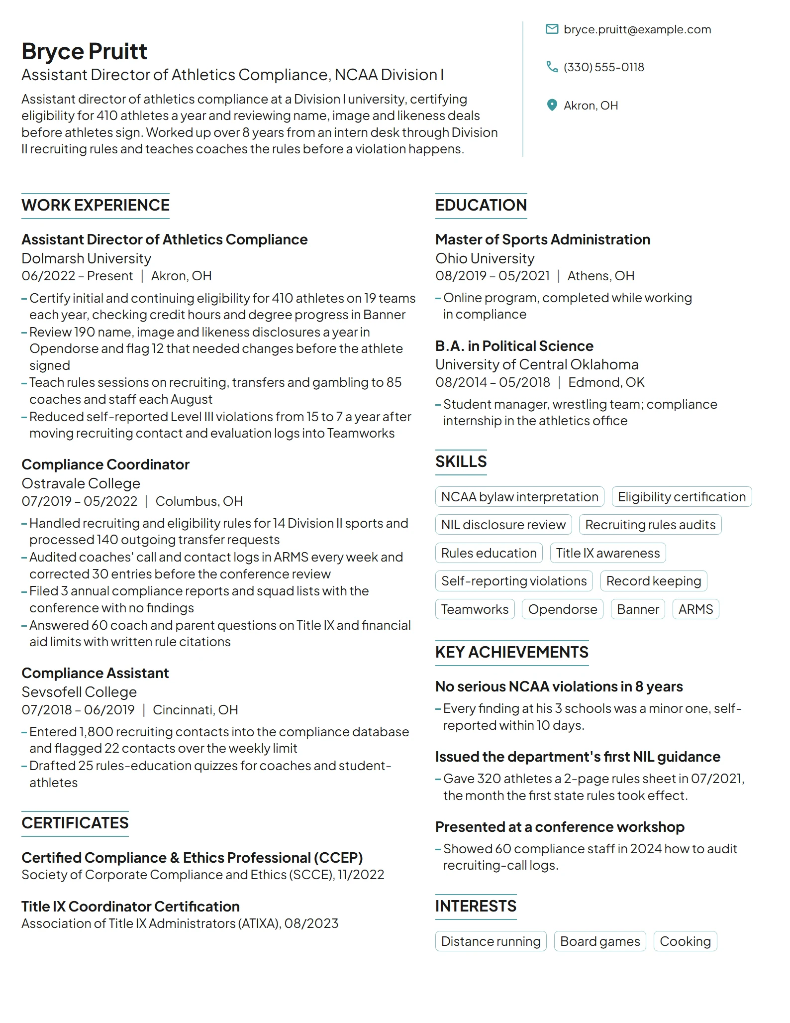 Sports Compliance Officer resume example