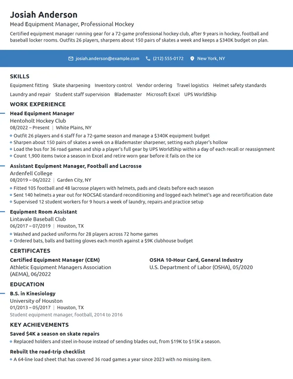 Sports Equipment Manager resume example