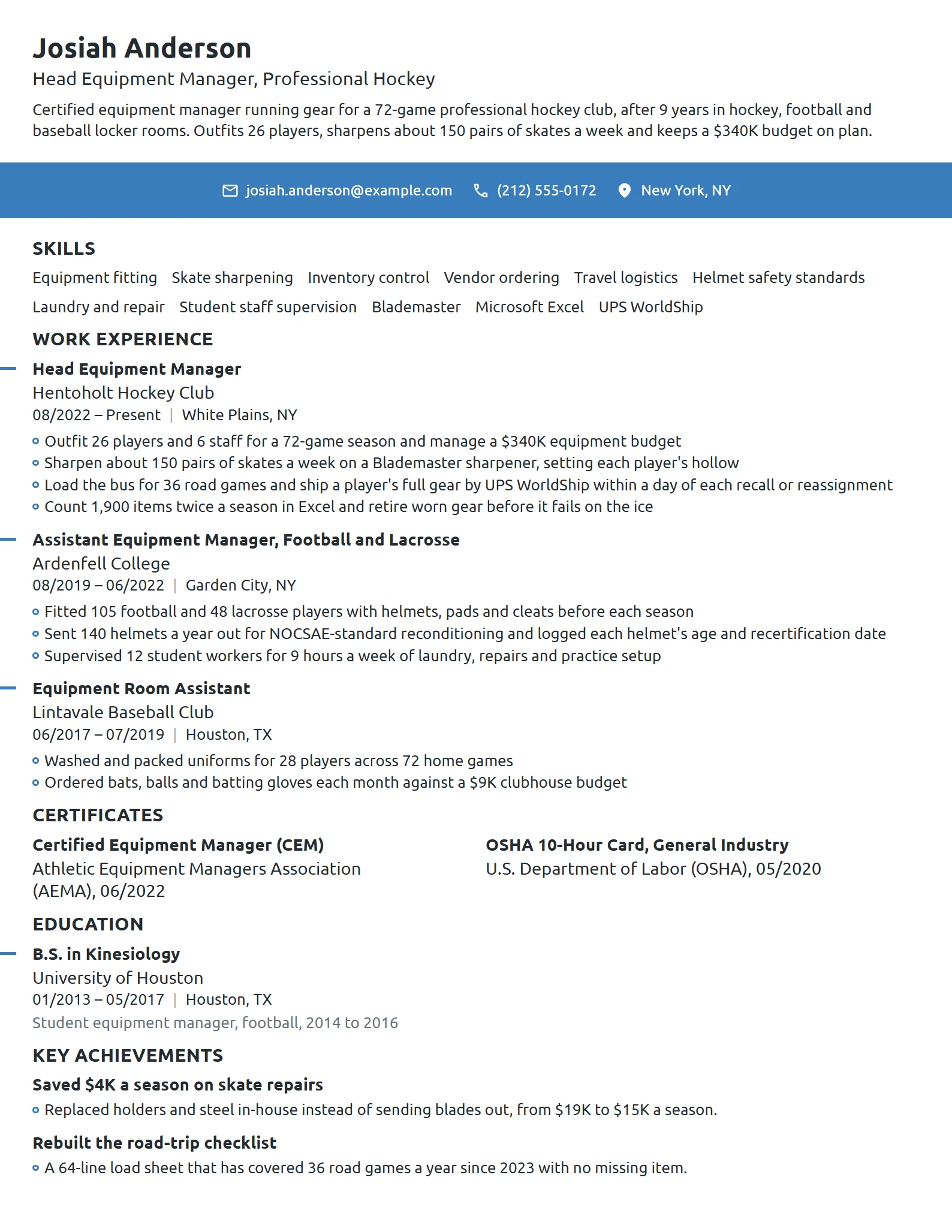 Sports Equipment Manager resume example