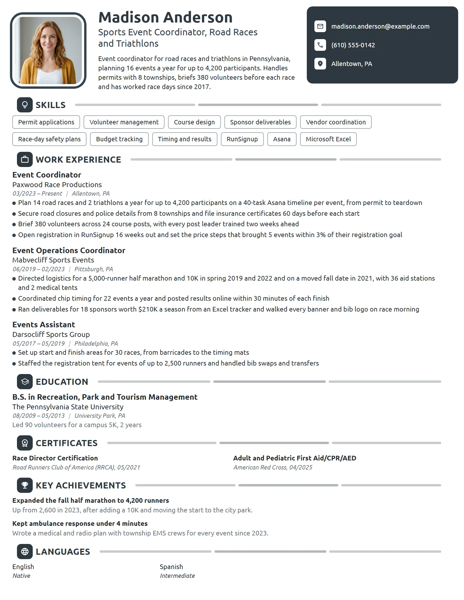 Sports Event Coordinator resume example