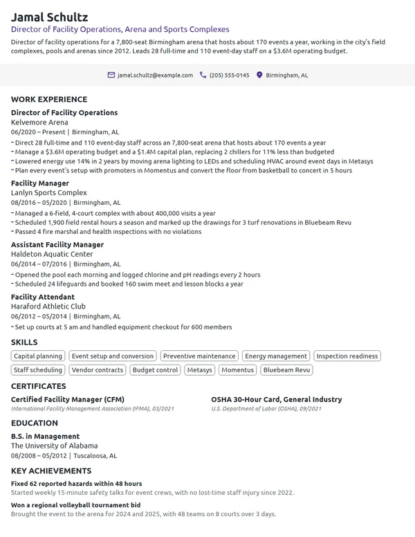 Sports Facility Manager resume example