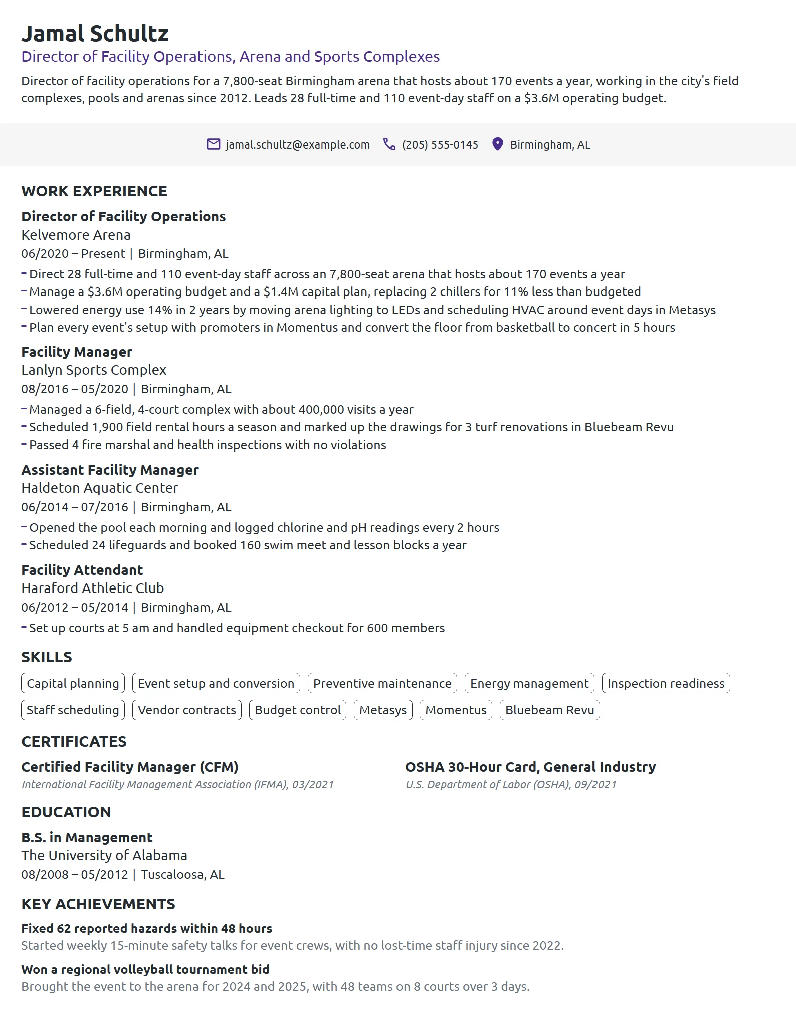 Sports Facility Manager resume example