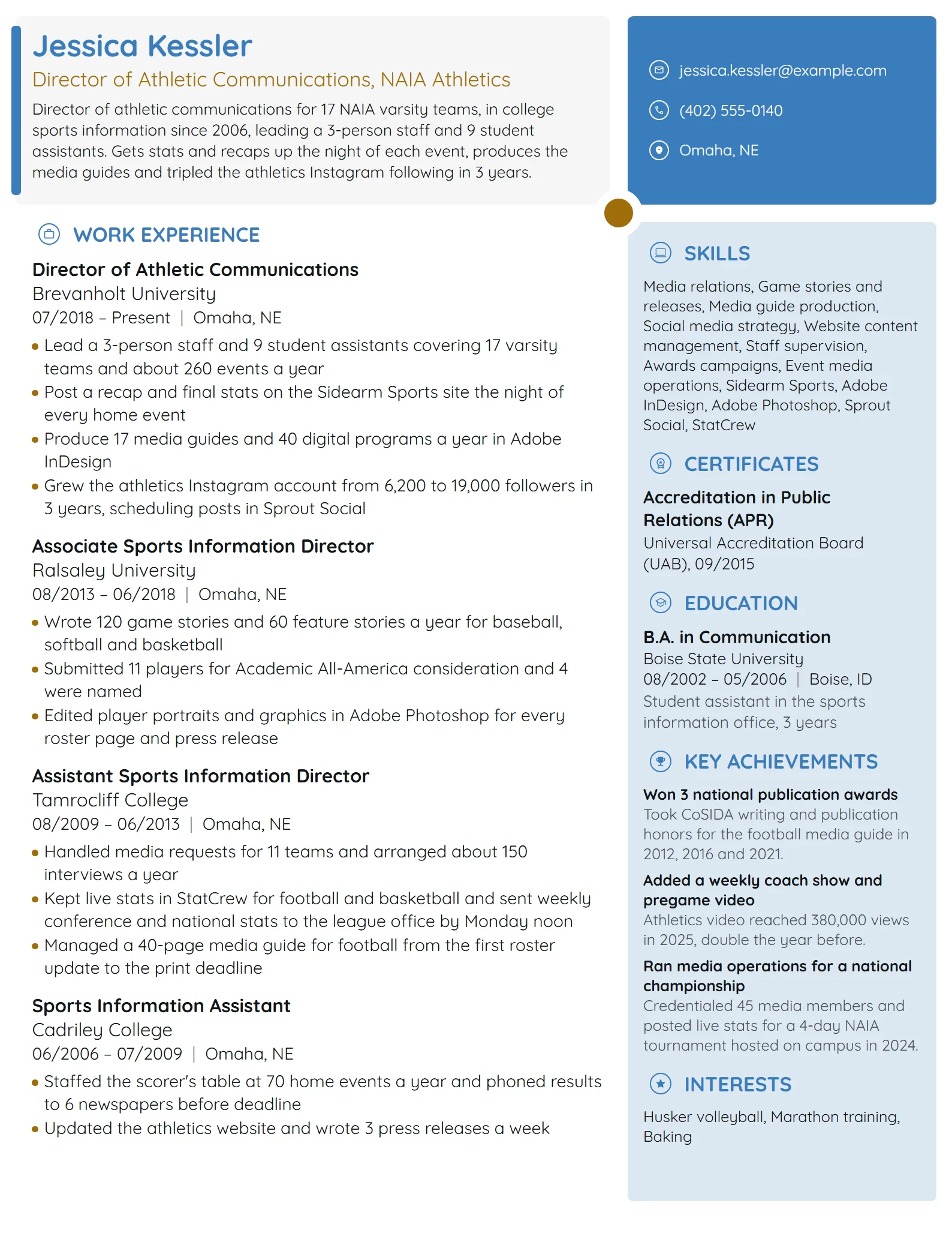 Sports Information Director resume example
