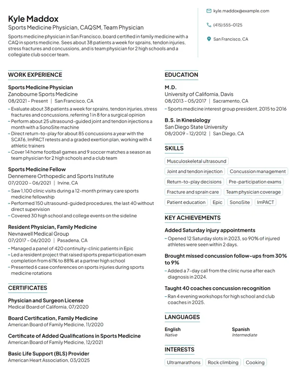 Sports Medicine Physician resume example