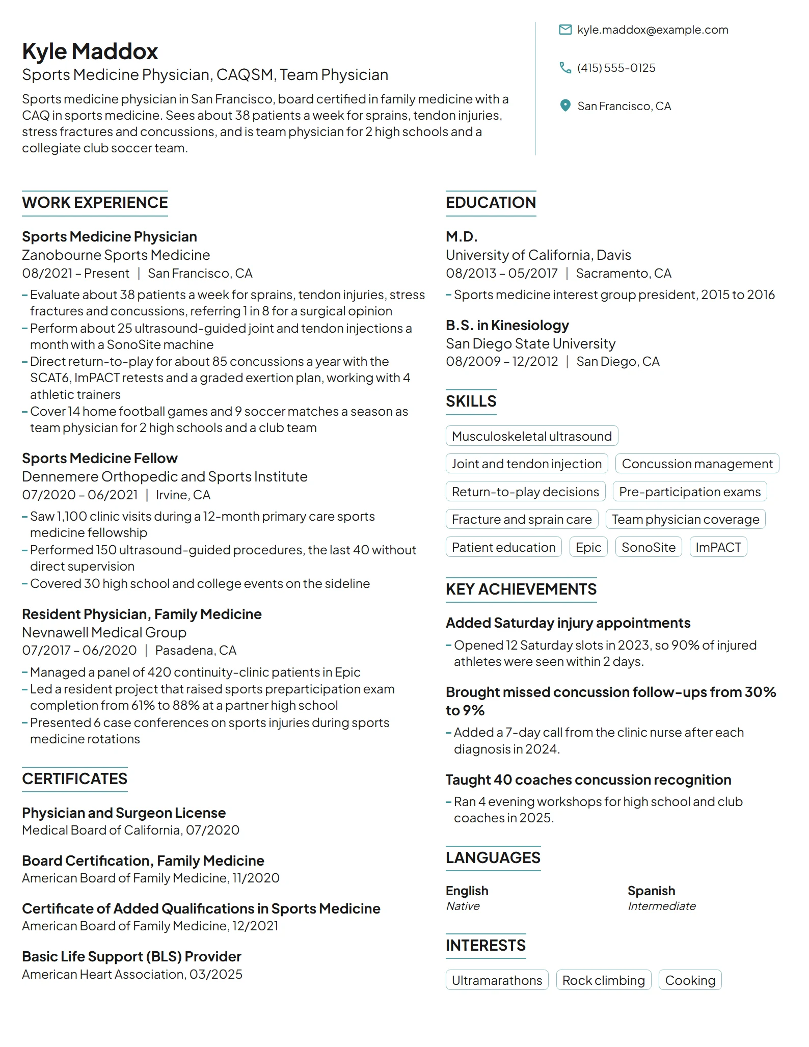 Sports Medicine Physician resume example
