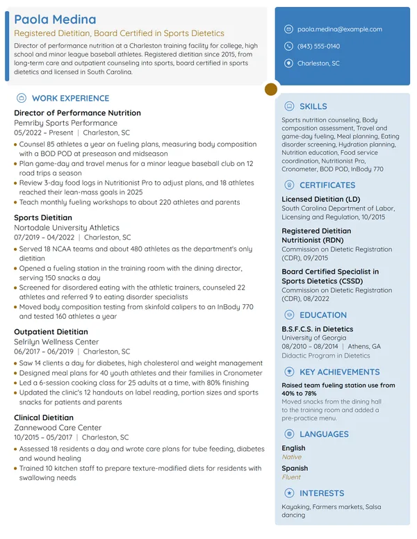 Sports Nutritionist resume example