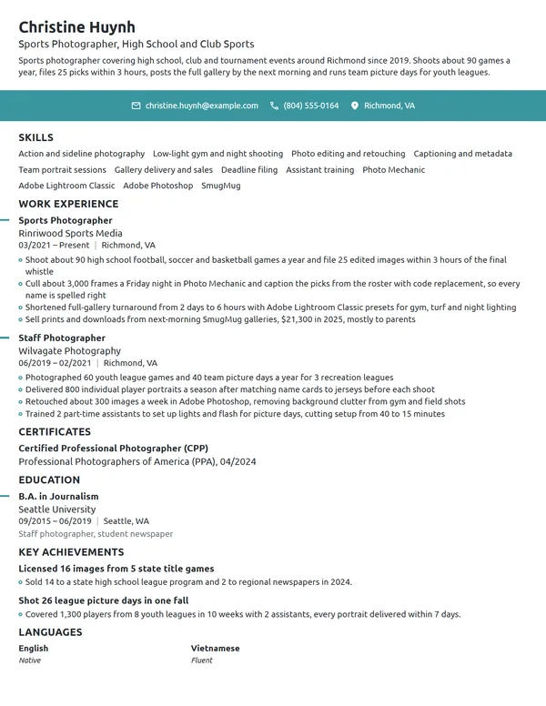 Sports Photographer resume example
