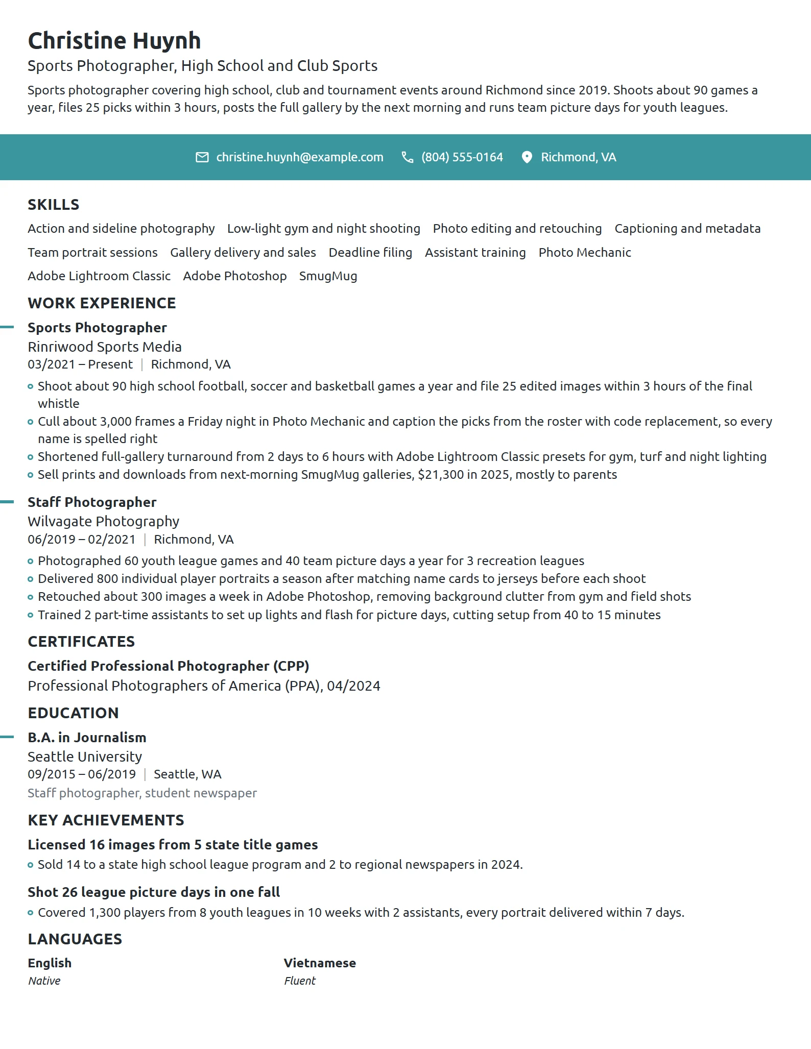 Sports Photographer resume example