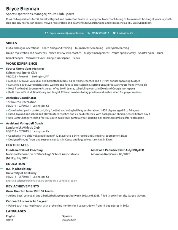 Sports resume example