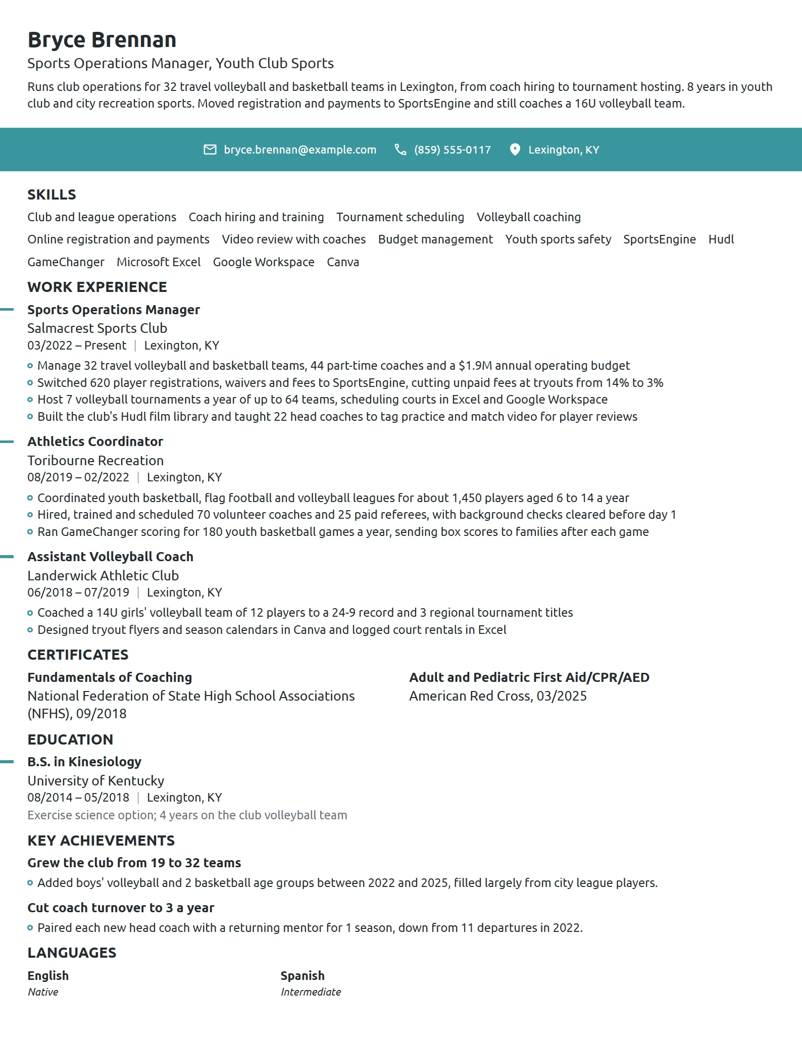 Sports resume example