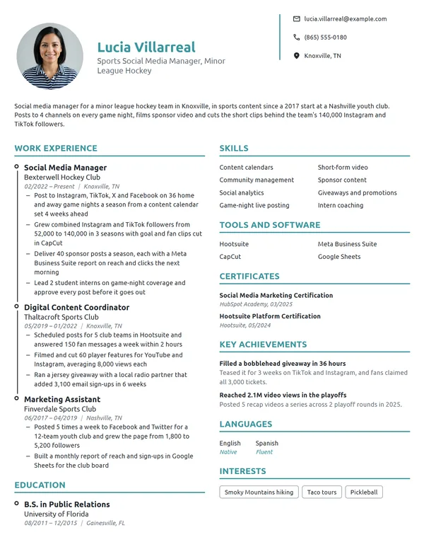 Sports Social Media Manager resume example