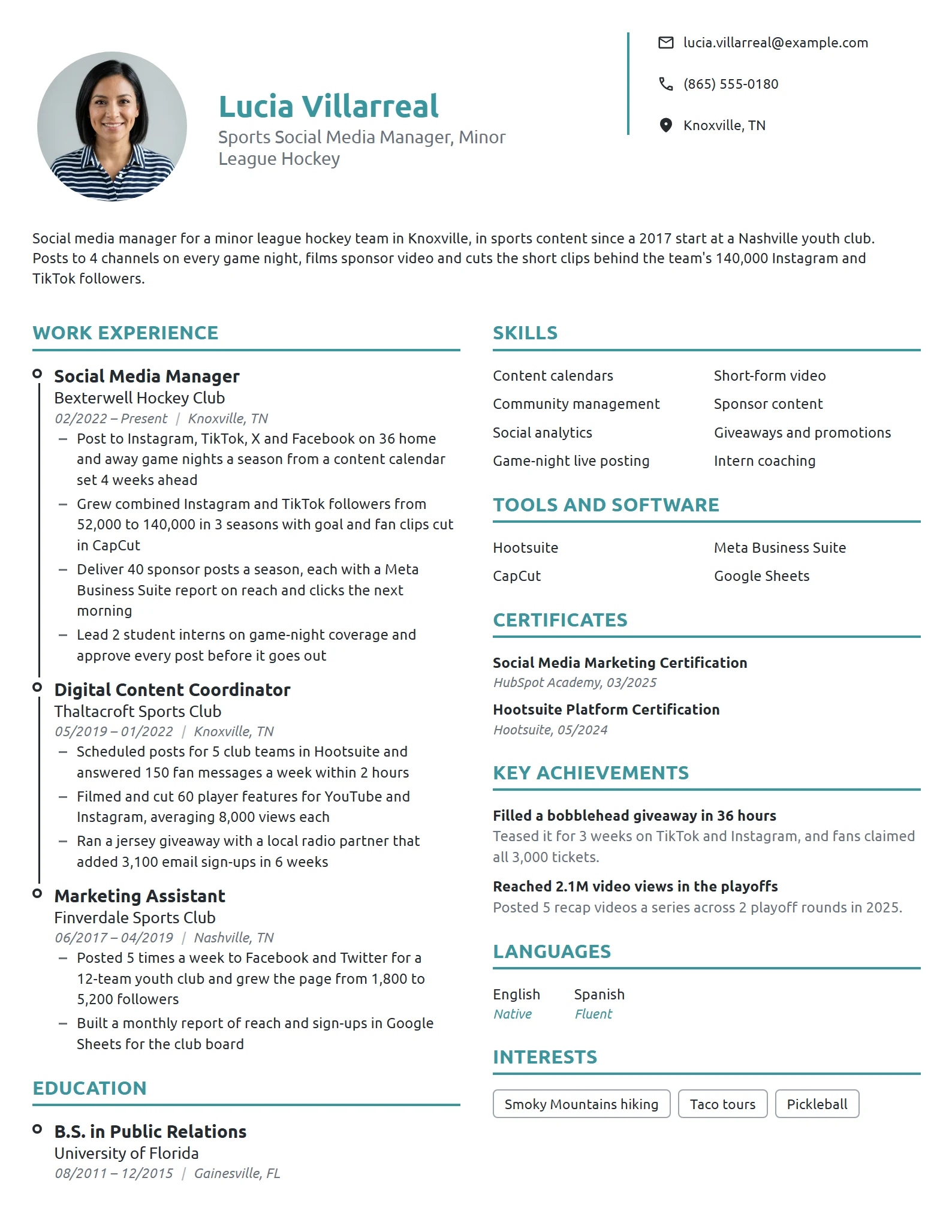 Sports Social Media Manager resume example