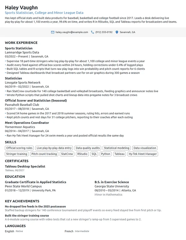 Sports Statistician resume example