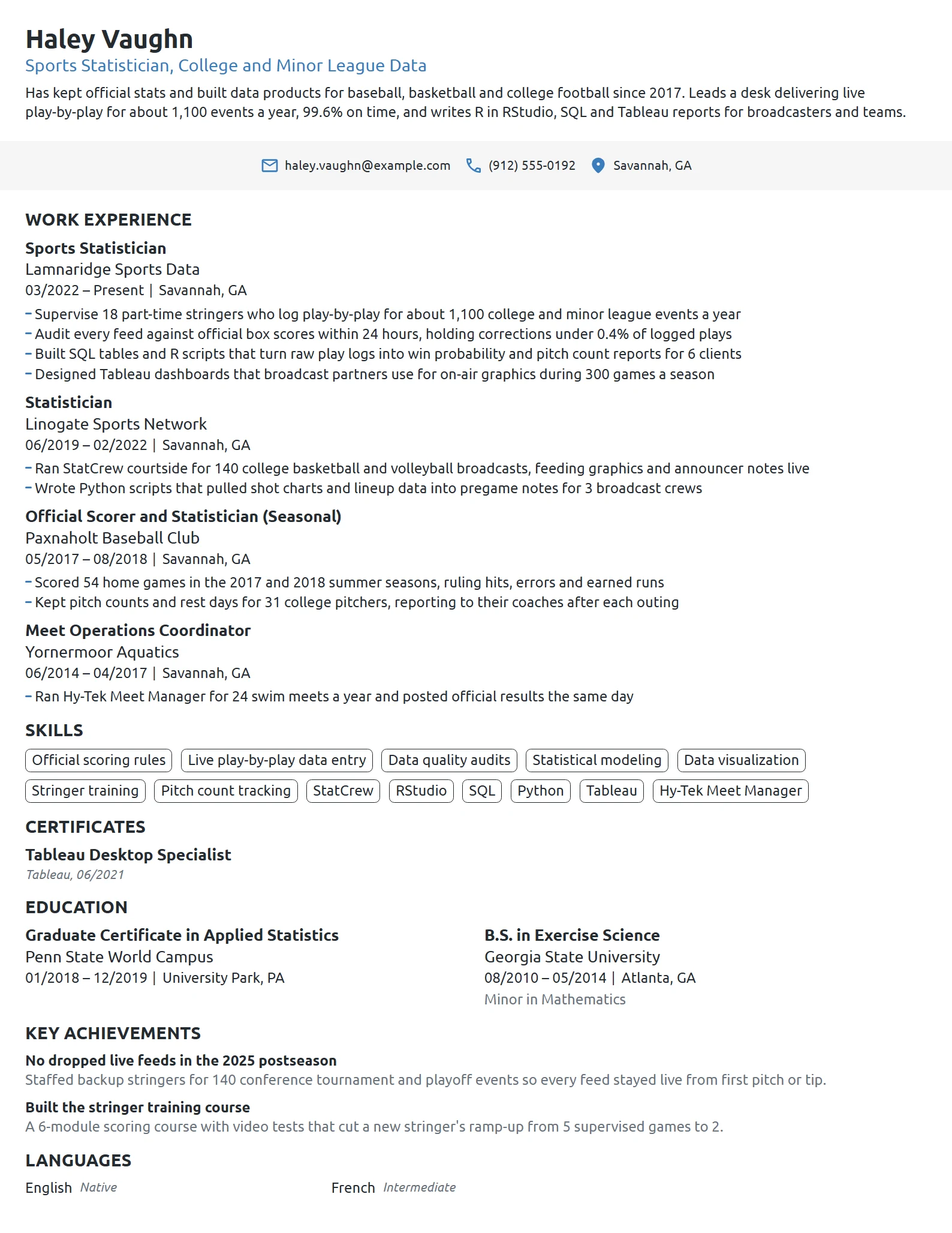 Sports Statistician resume example