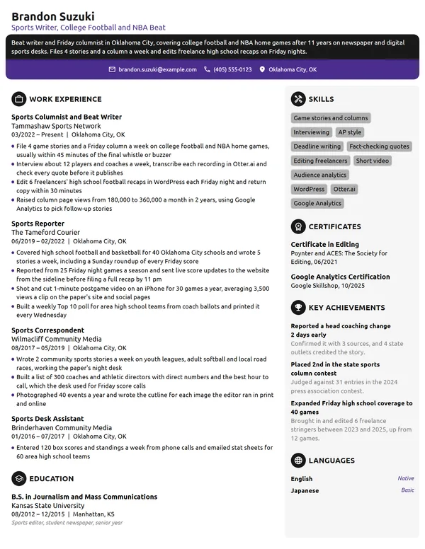 Sports Writer resume example