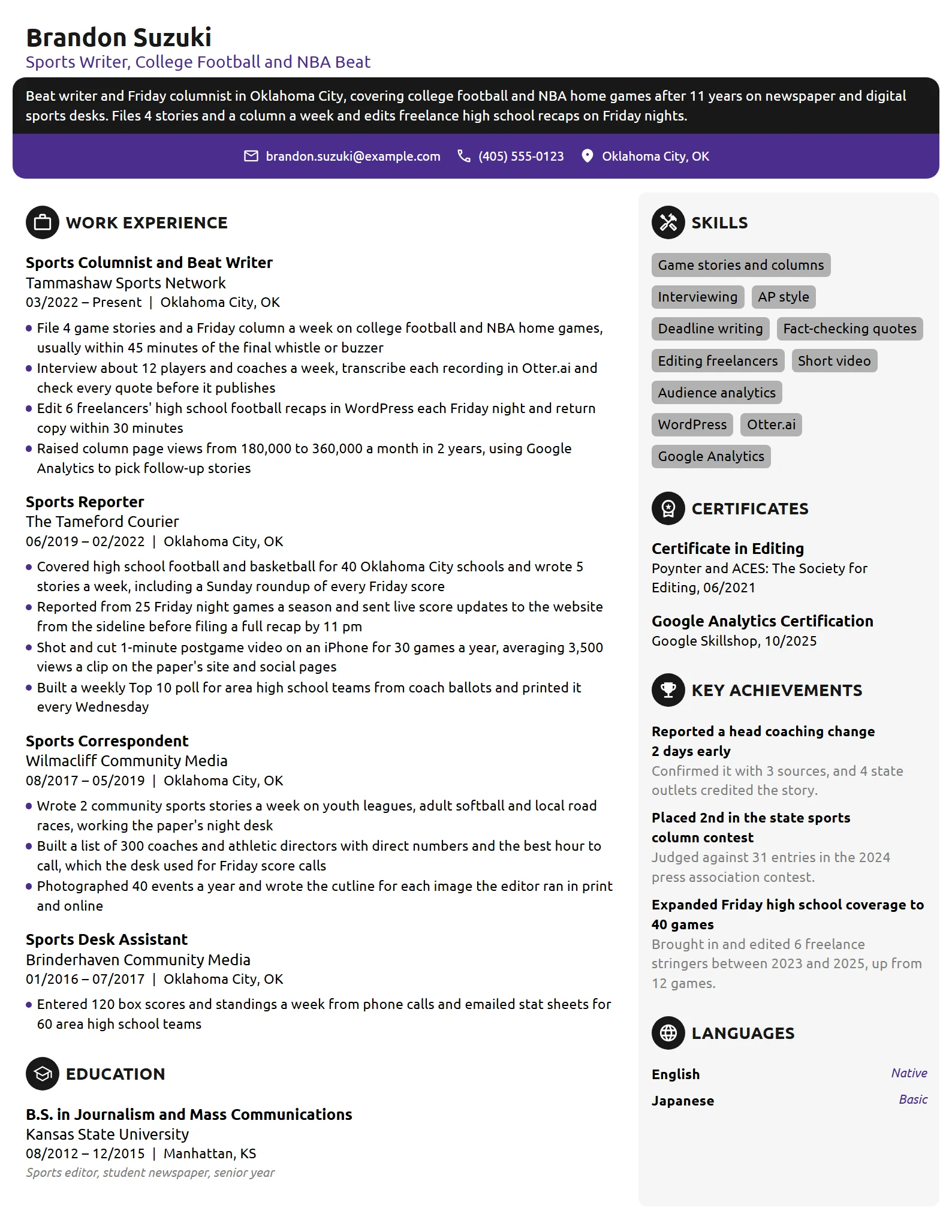 Sports Writer resume example