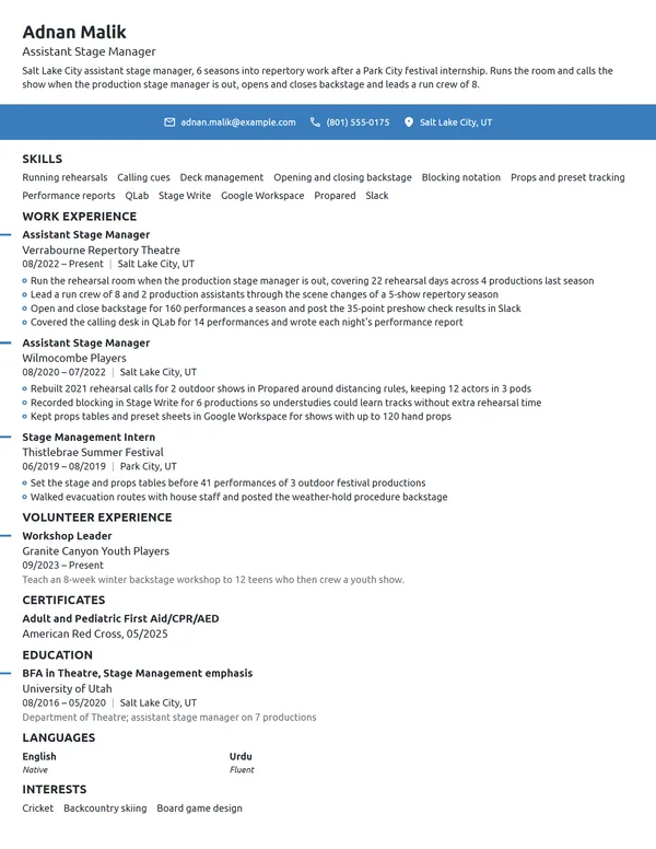 Assistant Stage Manager resume example
