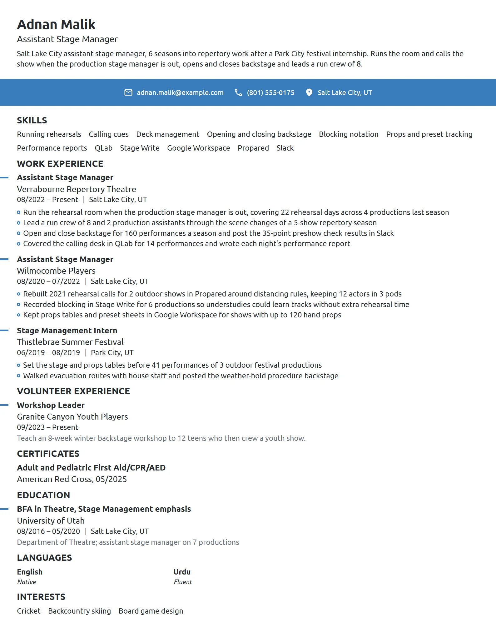 Assistant Stage Manager resume example