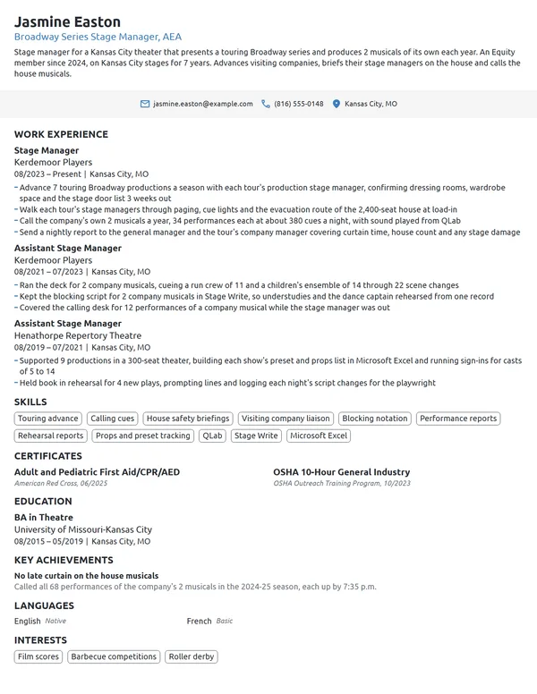 Broadway Stage Manager resume example
