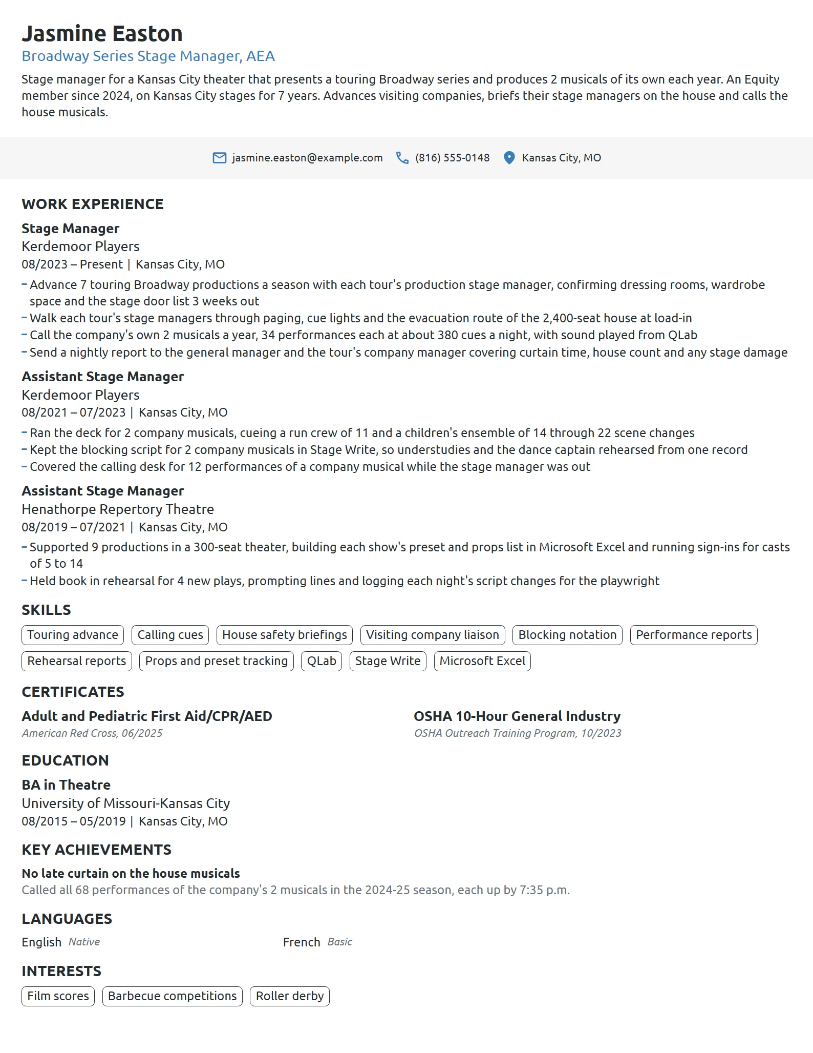Broadway Stage Manager resume example