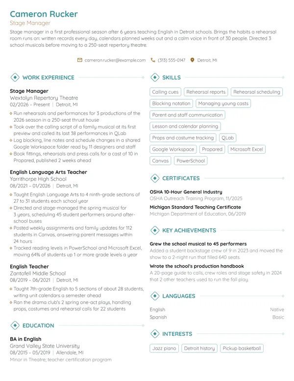 Career Change Stage Manager resume example