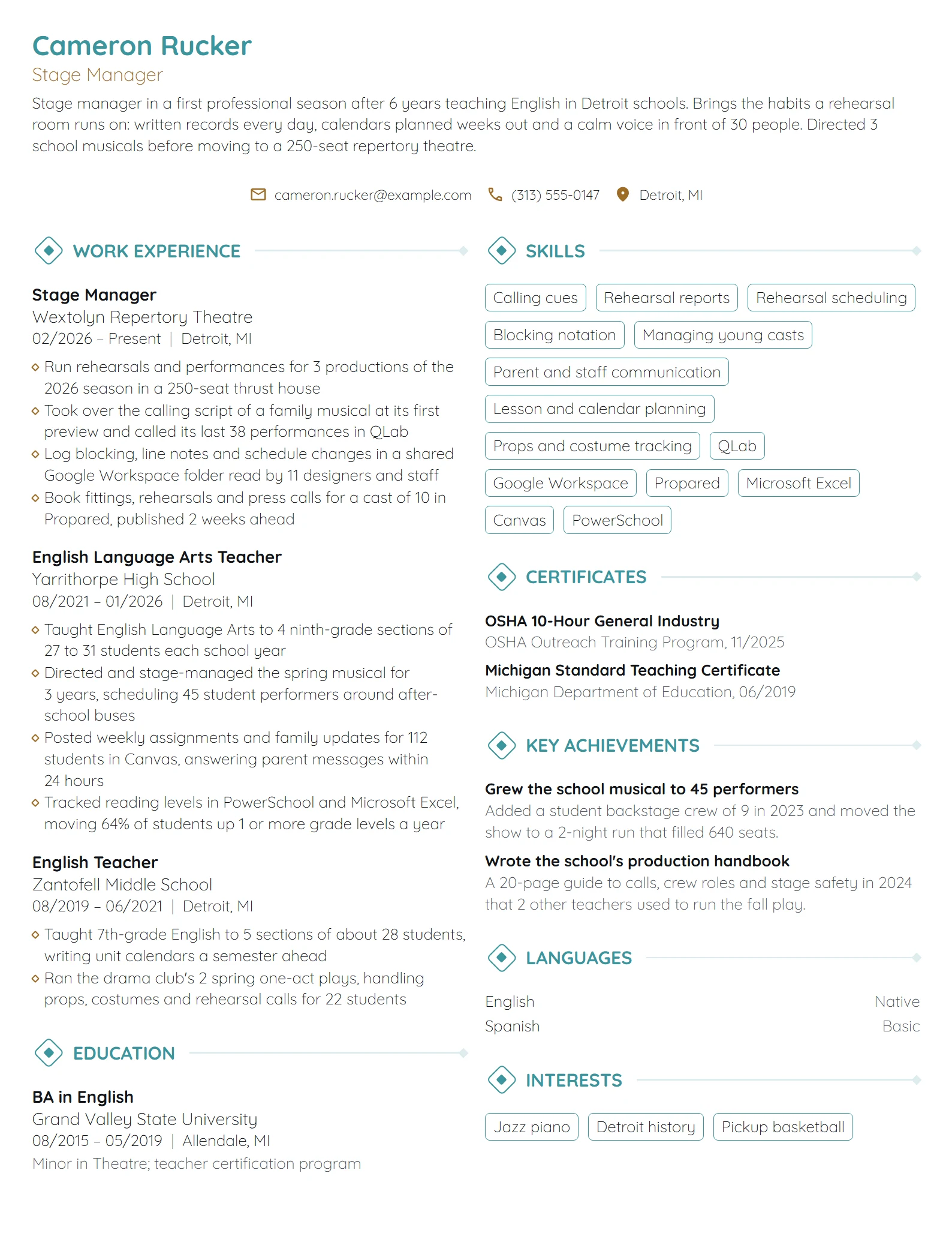 Career Change Stage Manager resume example