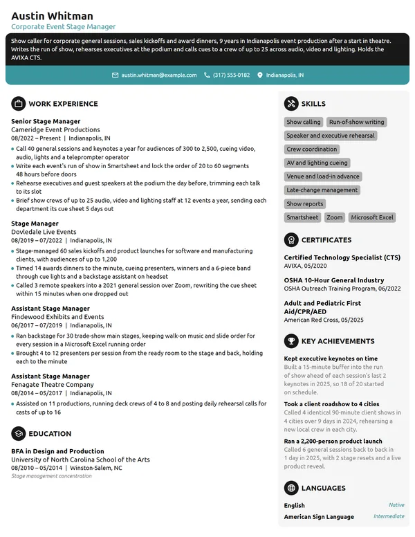 Corporate Event Stage Manager resume example