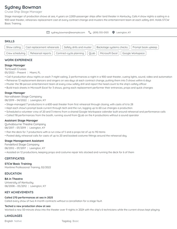 Cruise Ship Stage Manager resume example