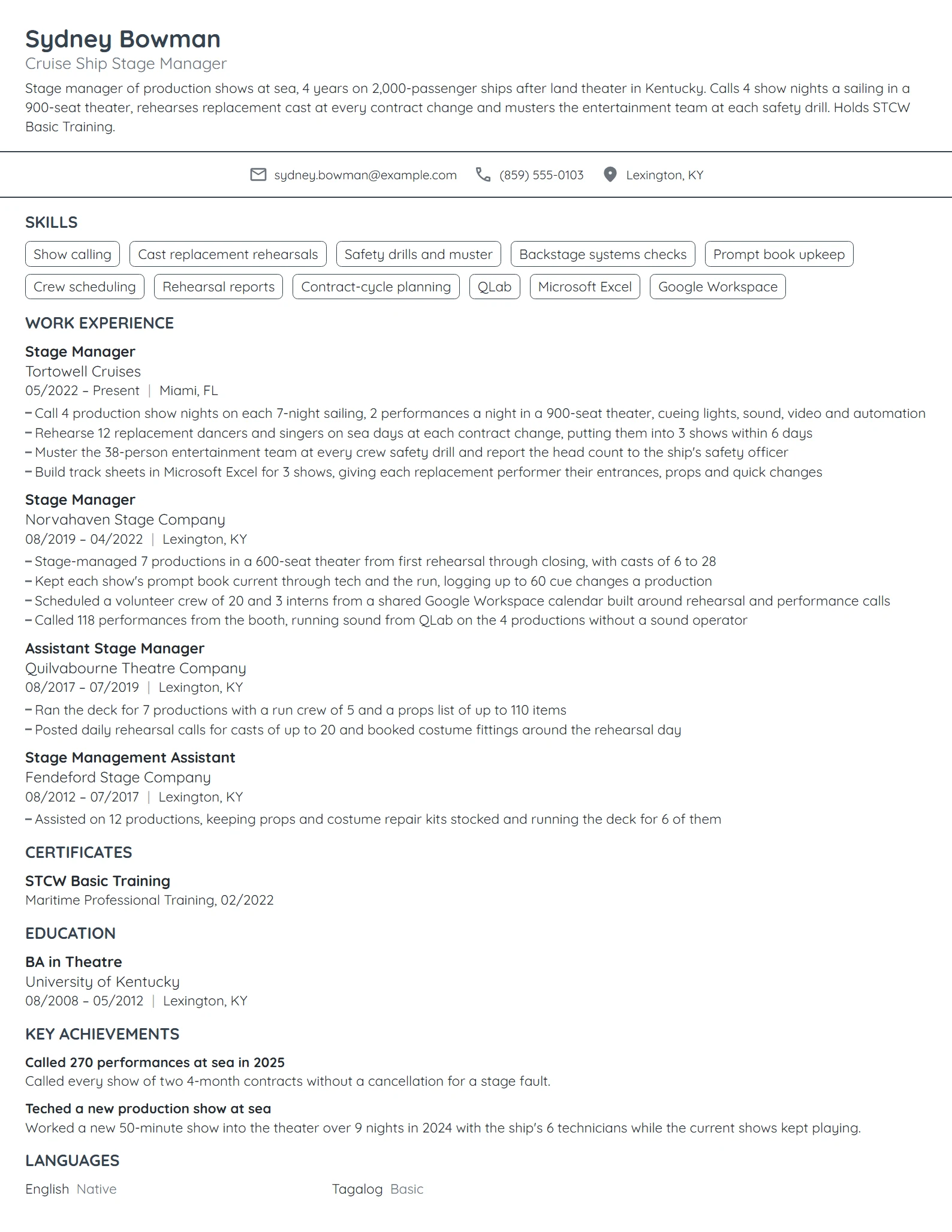 Cruise Ship Stage Manager resume example