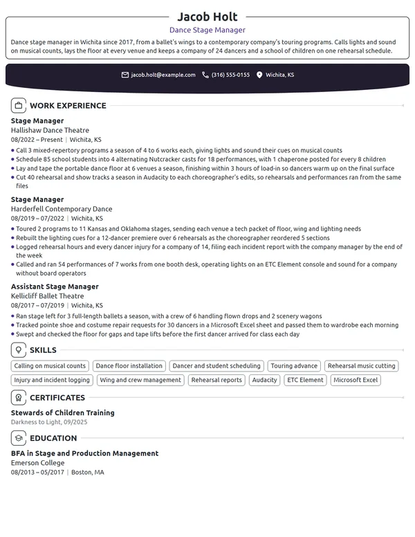 Dance Stage Manager resume example