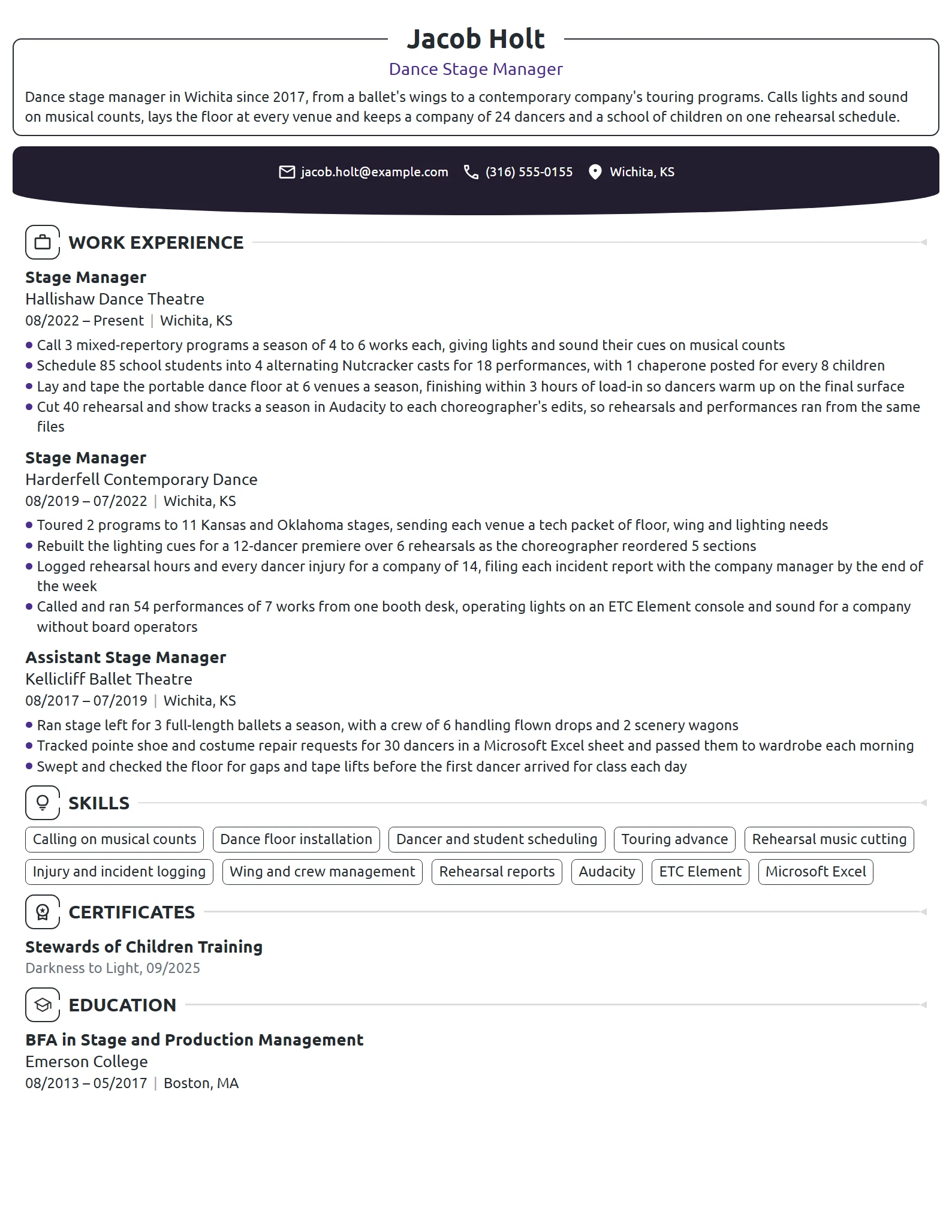 Dance Stage Manager resume example