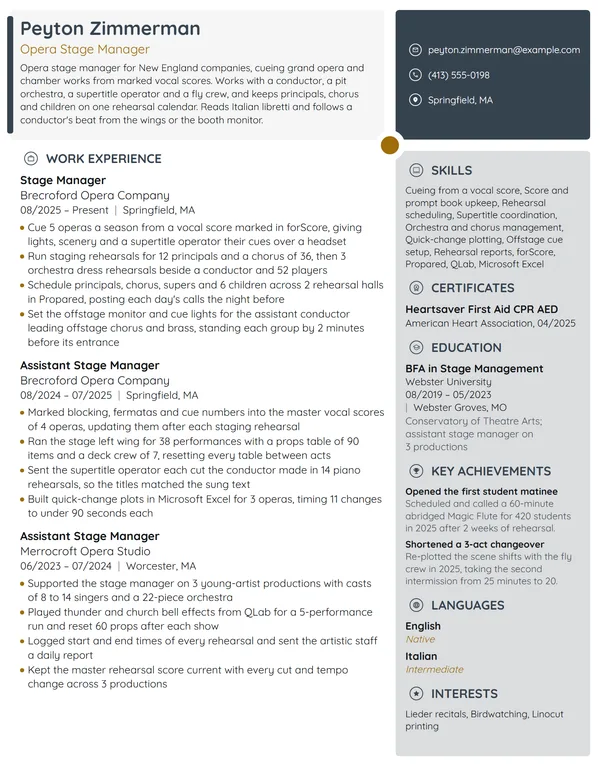 Opera Stage Manager resume example