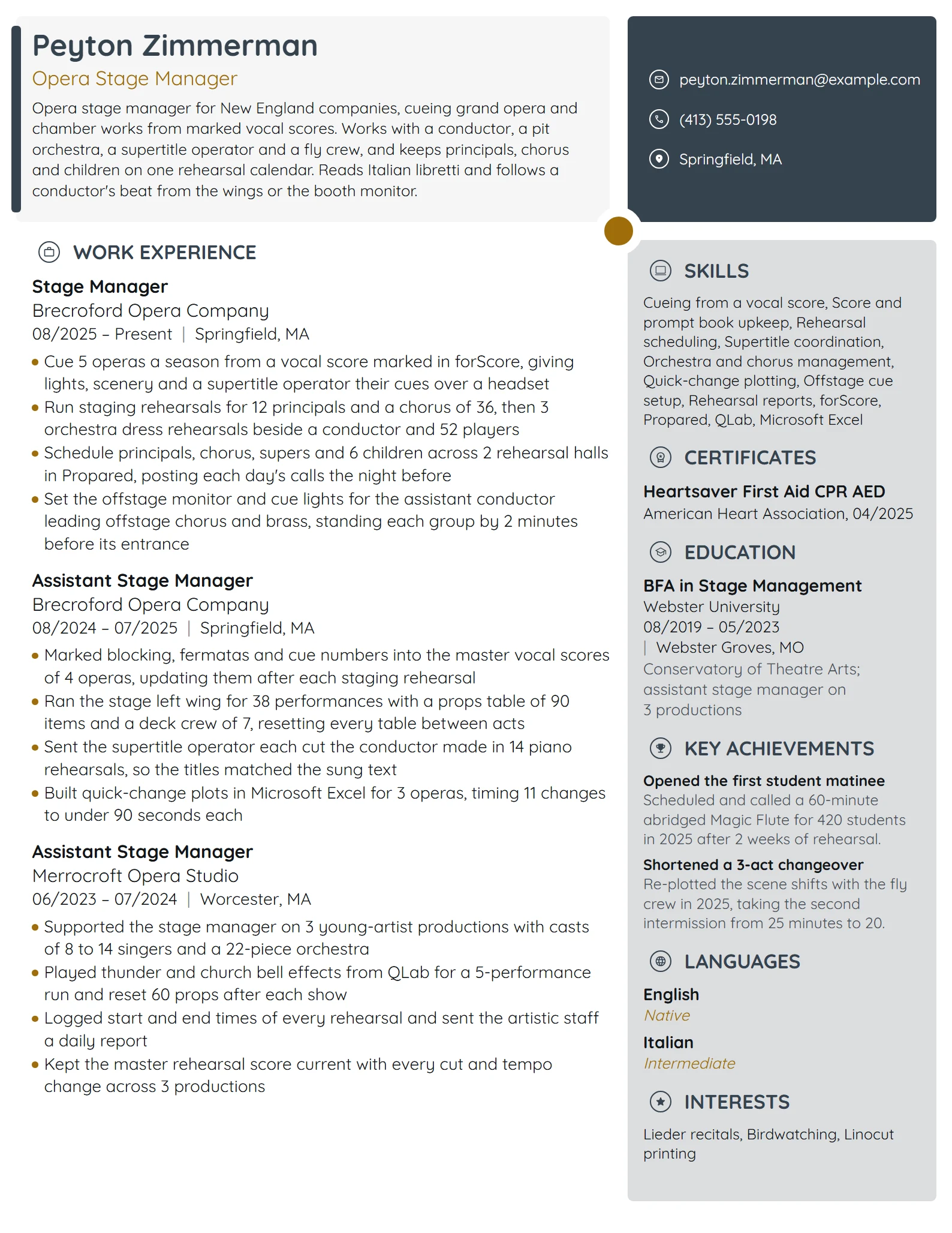 Opera Stage Manager resume example