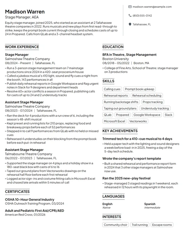Stage Manager resume example