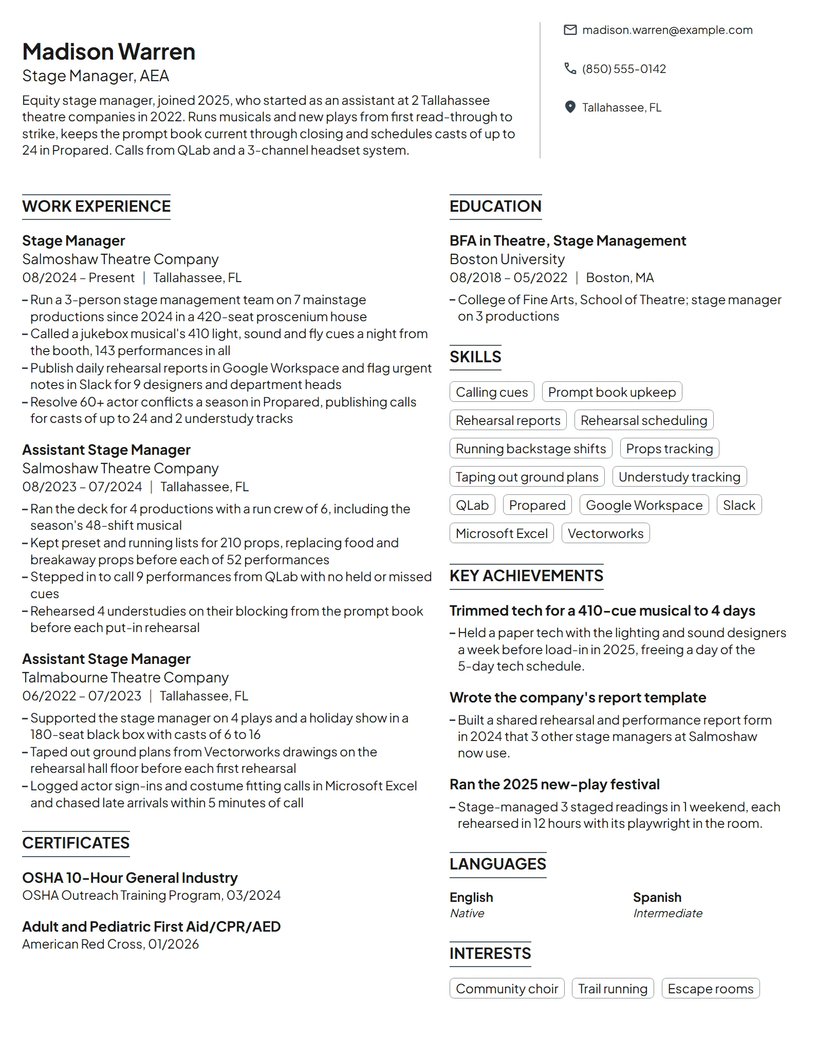 Stage Manager resume example